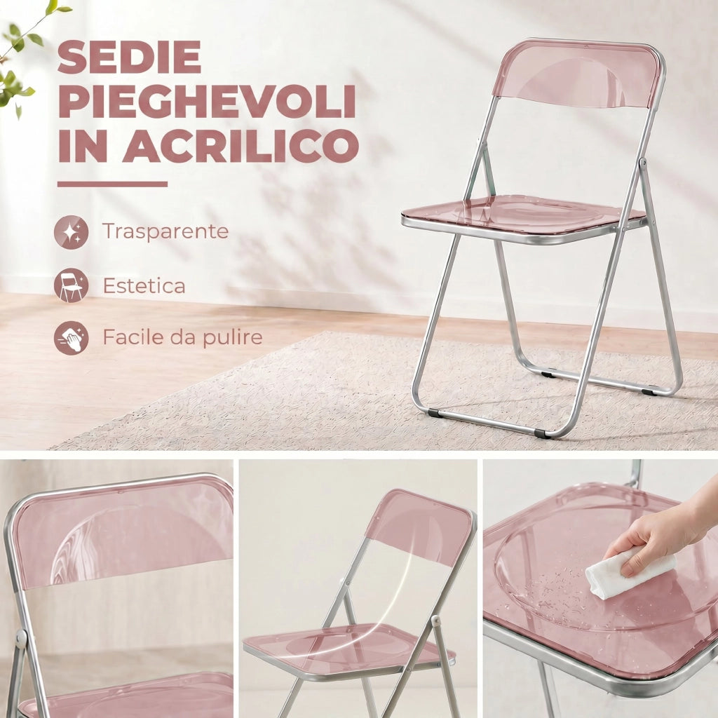 Set da 4 Sedie Pieghevoli in Acrilico ¨C Zephmum ¨C Trasparenti, Rosa