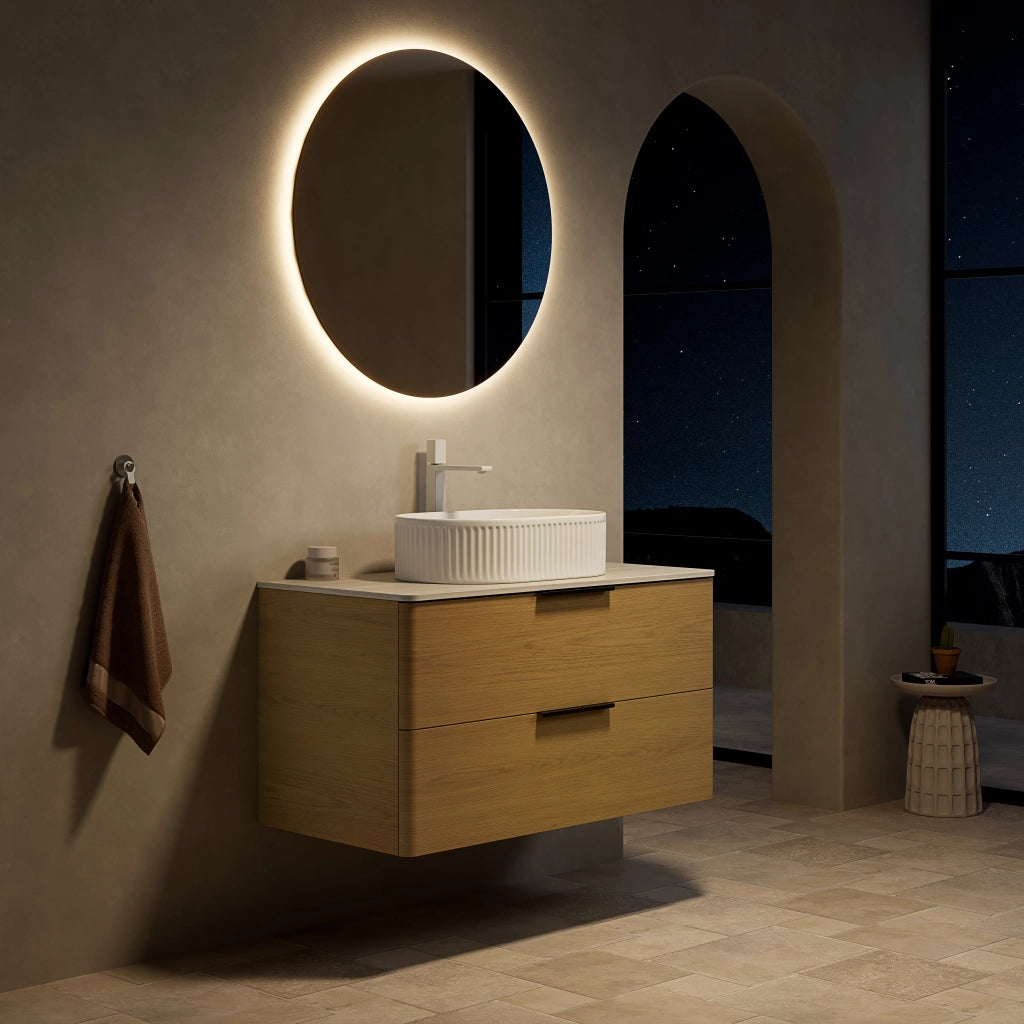 Mobile bagno con lavabo ovale in ceramica e 2 cassetti; top effetto travertino; per bagno; beige rovere bianco