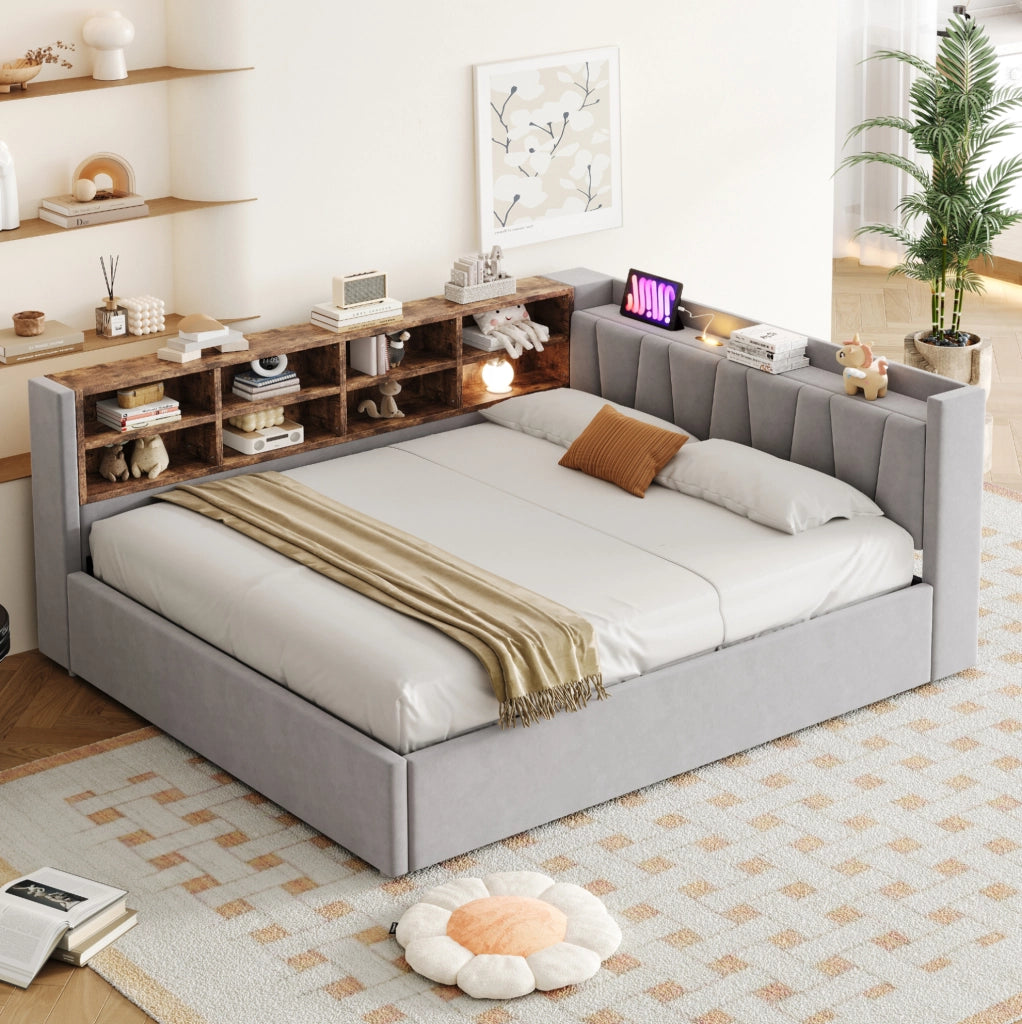 Letto imbottito ULEVR 140x200 cm con contenitore idraulico, luce notturna, USB e Type-C, velluto grigio chiaro
