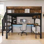 DESMIU Letto a soppalco 140 × 200 cm 2 posti con scrivania ad angolo, LED, USB, Type-C e vani, senza materasso