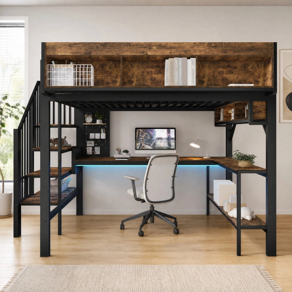 DESMIU Letto a soppalco 140 × 200 cm 2 posti con scrivania ad angolo, LED, USB, Type-C e vani, senza materasso