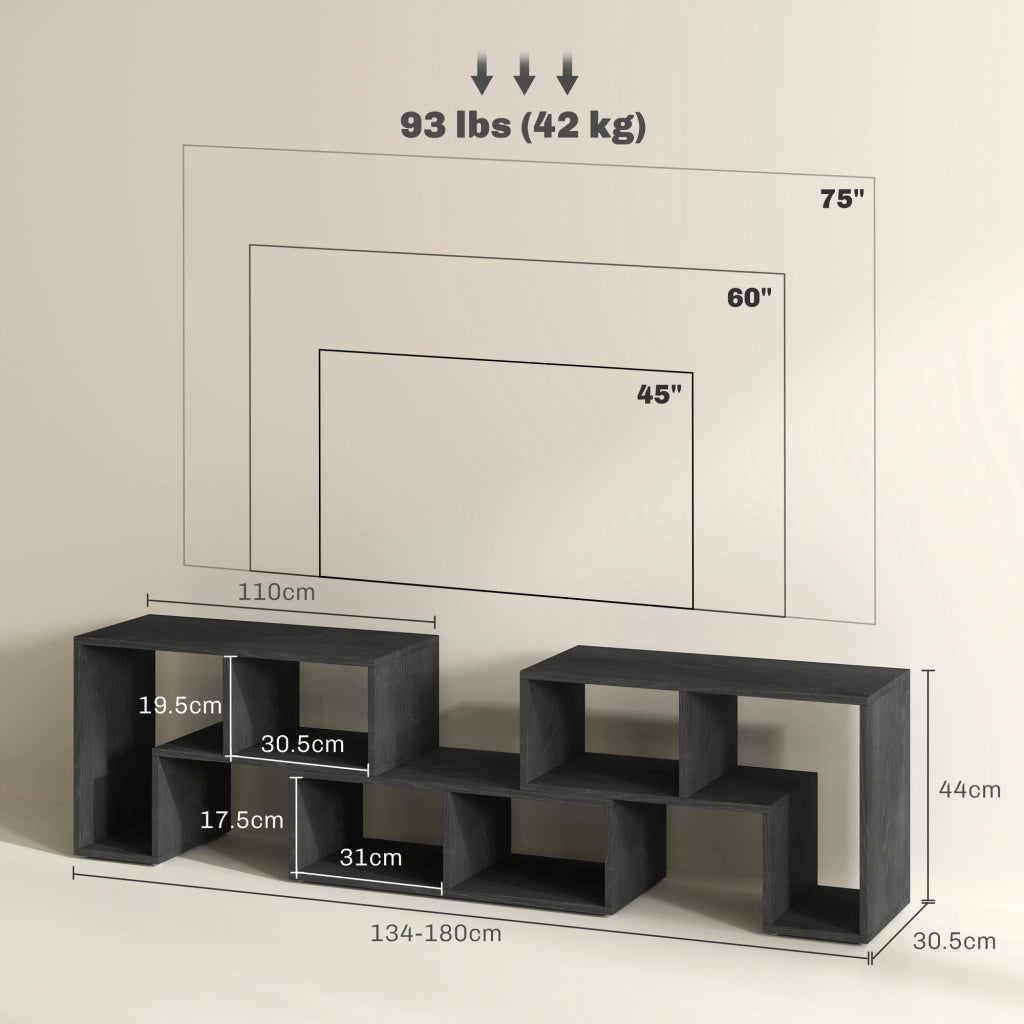 Mobile TV 75" max Modulabile con 2 Ripiani a L e Mensola Rettangolare, in Legno, 134-180x30.5x44 cm, Nero