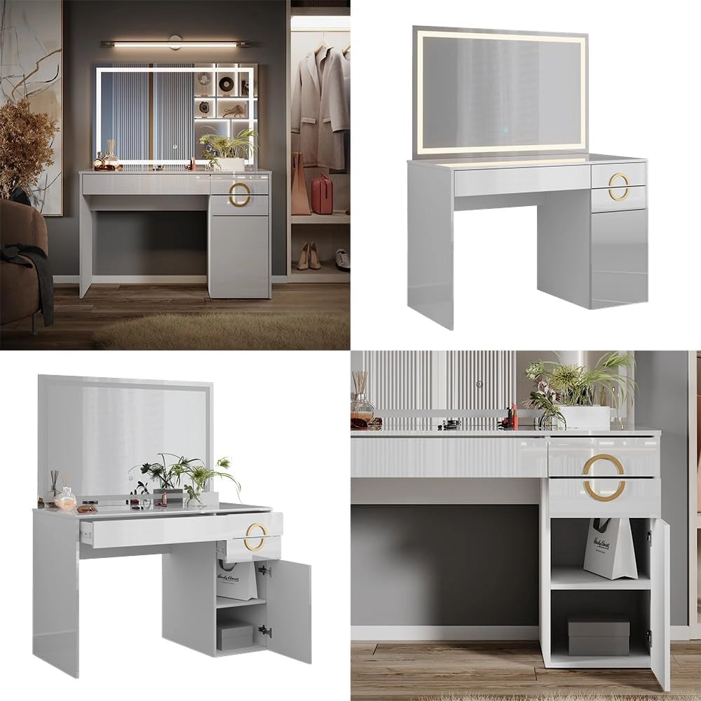 Tavolo da toeletta Adela, Bianco, 115 cm con specchio a LED, Funziona anche come postazione di lavoro elegante