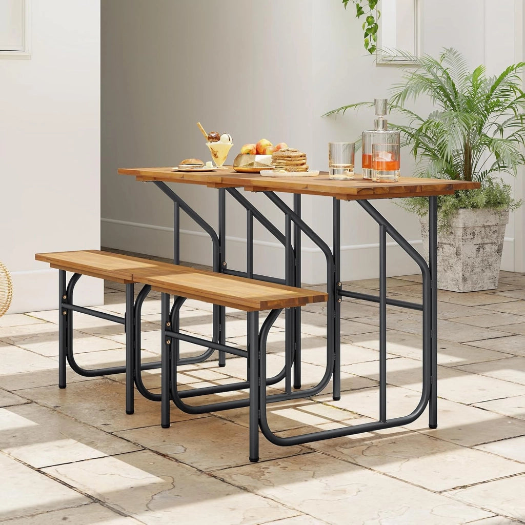 Panca da tavolo da picnic mezza per 1 persone, set tavolo da pranzo e panca in legno di acacia con struttura in metallo robusta, per patio, veranda, giardino, cortile posteriore