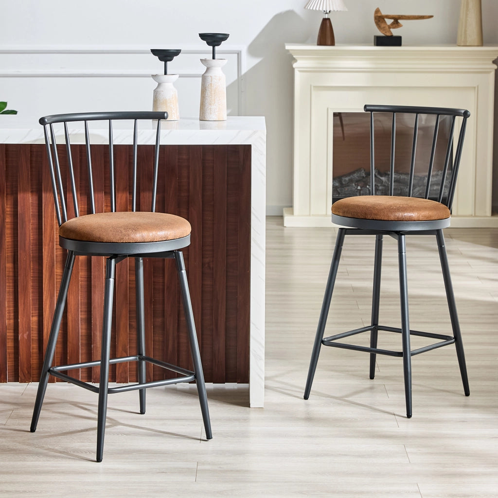 Sgabello da bar in metallo con schienale stile Windsor e seduta imbottita in tessuto marrone 73 × 45,5 × 45 cm
