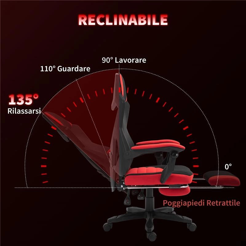 SEDIA DA UFFICIO ERGONOMICA E RECLINABILE CON POGGIAPIEDI, IN TESSUTO A RETE, 58X63X112-122 CM, NERA E ROSSA