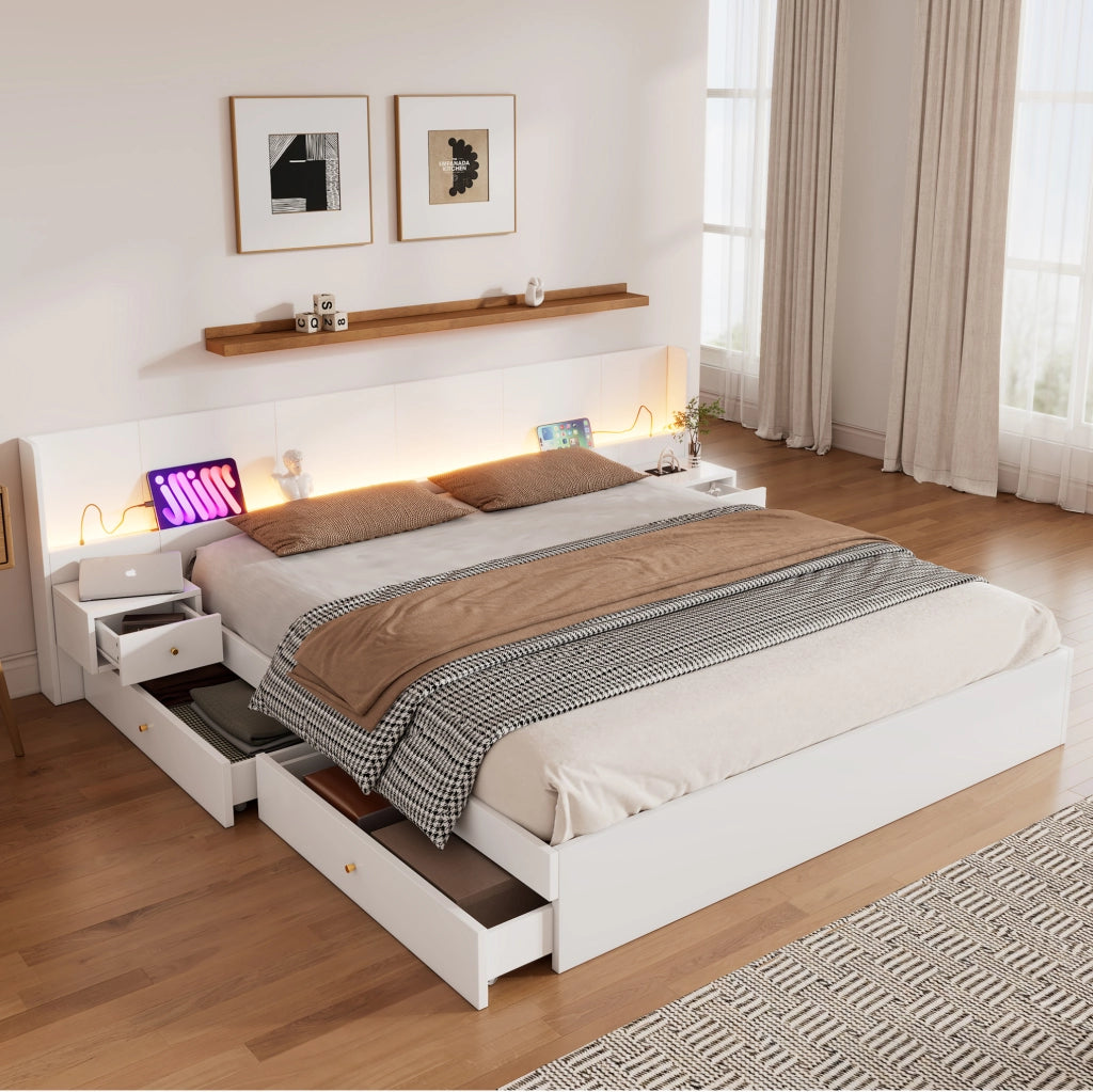 Letto matrimoniale 180x200 cm con LED, USB e cassetti