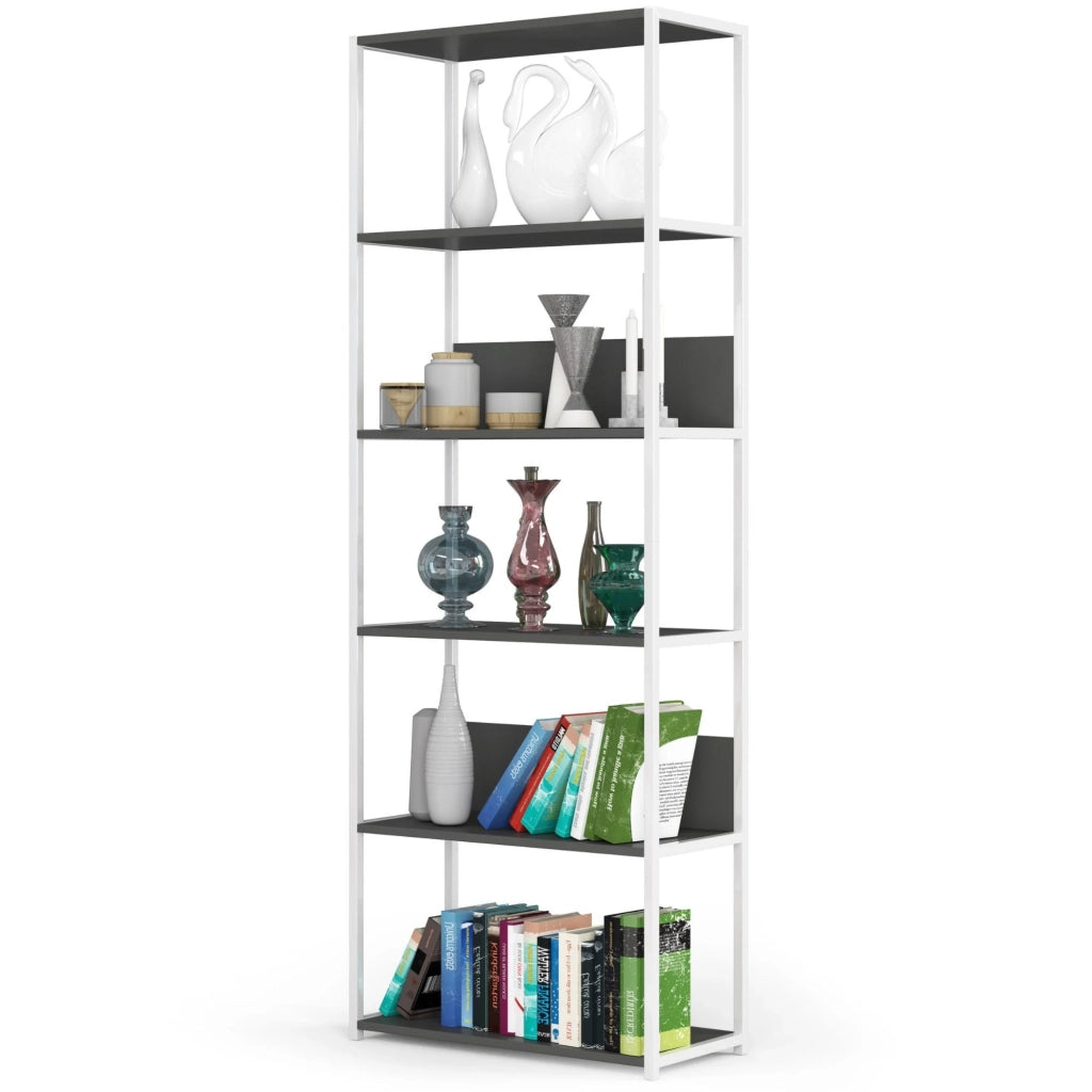 Scaffale stilo loft con ripiani in legno 70 cm Bianca 70 cm inserto frontale Grigio 70x32x192 cm