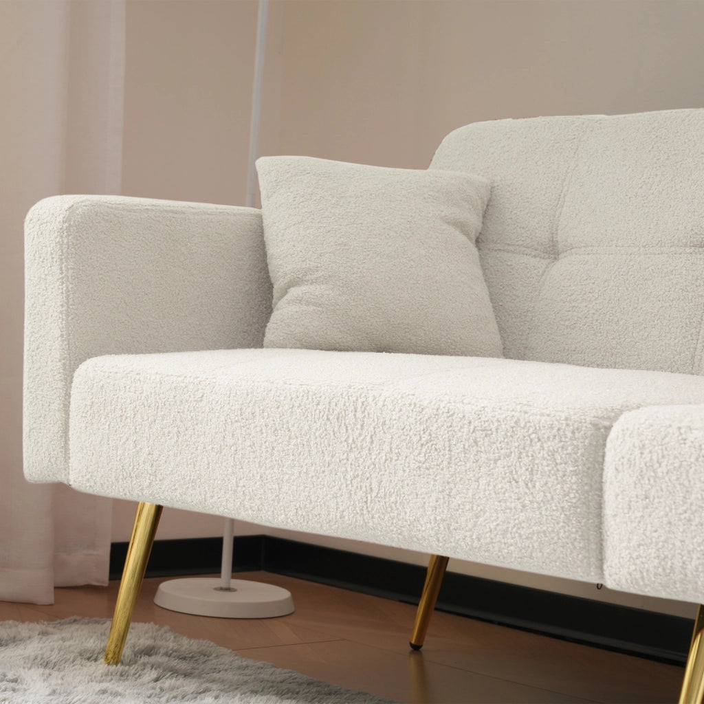 Divano Letto 2 Posti Schienale Regolabile 105-180° con Cuscini e Tasche Laterali Struttura in Legno in Tessuto Bianco
