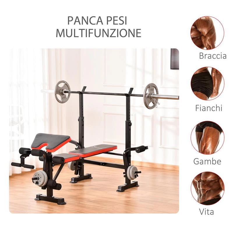 PANCA MULTIFUNZIONE REGOLABILE CON SUPPORTO PER BILANCIERE, IN ACCIAIO E PLASTICA, 175X139X127 CM, ROSSO E NERO