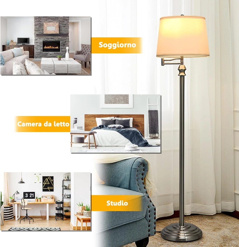 Lampada da Terra Design e Vintage, Lampada a Stelo da Terra con Braccio Girevole, Ideale per Soggiorno, Camera da Letto e Studio, Argento