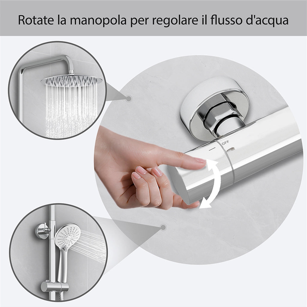 Kit doccia con miscelatore termostatico, soffione rotondo da 25cm, doccetta tonda 23x10.8cm, colonna doccia regolabile 72-120cm, cromo