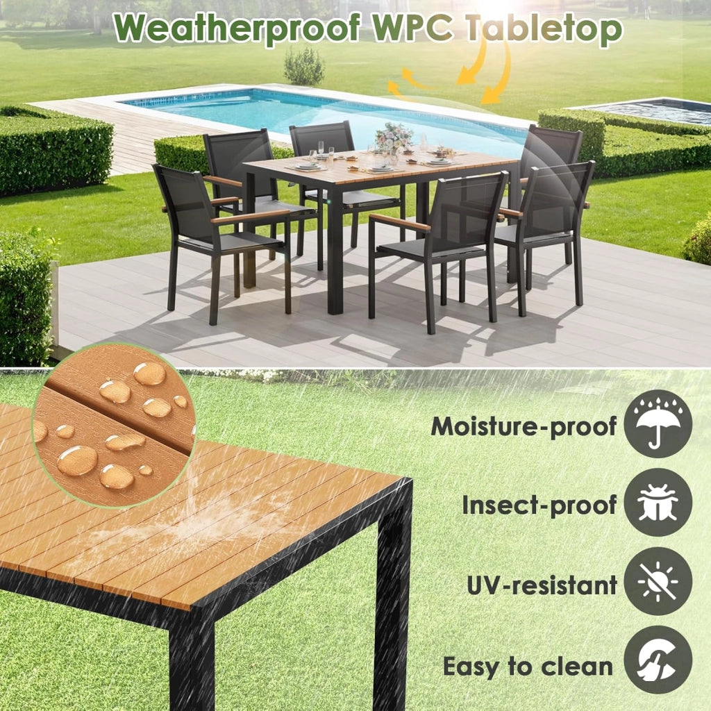 Tavolo da giardino grande, resistente alle intemperie, 140 x 90 x 75 cm, in alluminio, con piano in WPC, tavolo da pranzo rettangolare, per 6 persone, robusto giardino, terrazza, balcone