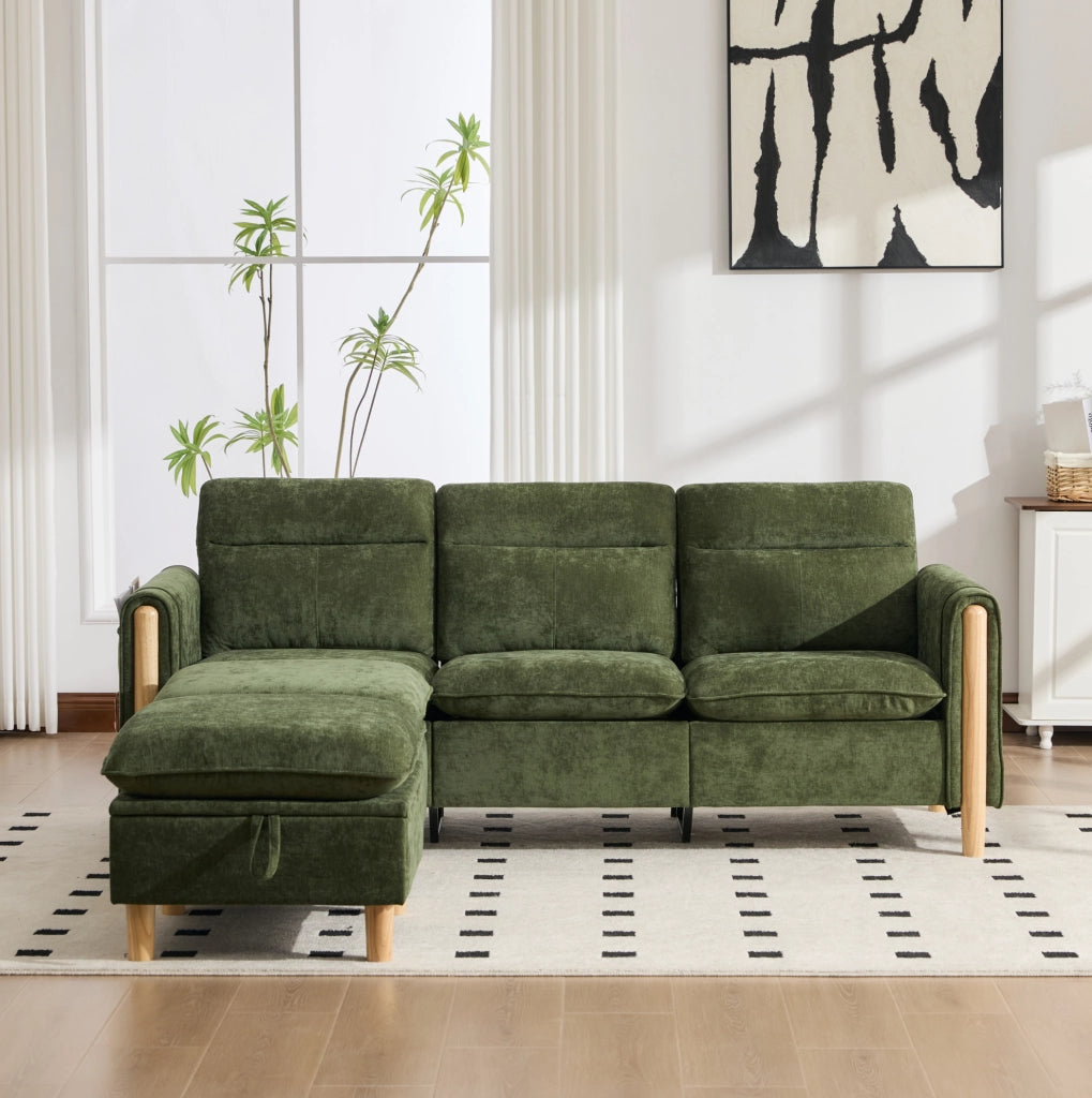 Divano angolare 3 posti 201x77x86 cm verde con contenitore, chenille e tasche laterali