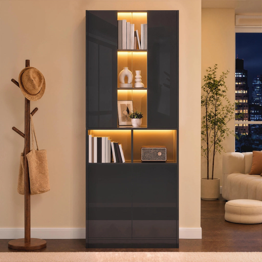 ARMADIO ALTO 70x35x180 cm Nero MDF e pannello truciolare con LED