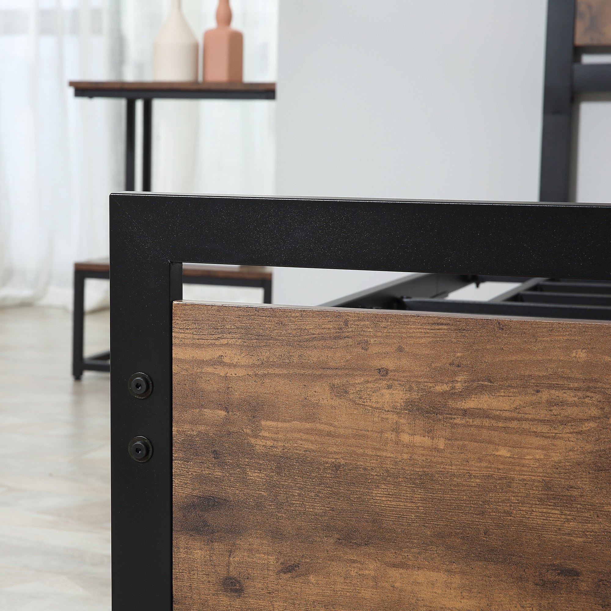 Struttura Letto Singolo 90x200 cm in Acciaio con Doghe Integrate Nero e Marrone Rustico