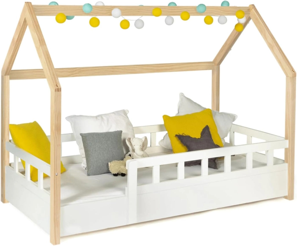 Cama camarote infantil 80 x 160 CM NEREE blanco y haya con somier y barandillas