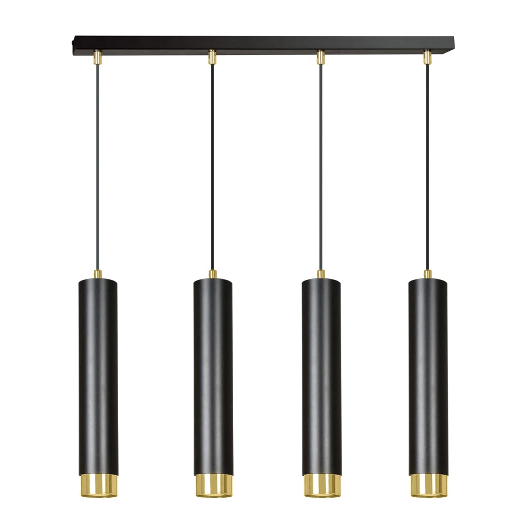 Lampadario 4 Luci Brunilde In Acciaio Nero E Tubolari In Nero E Oro