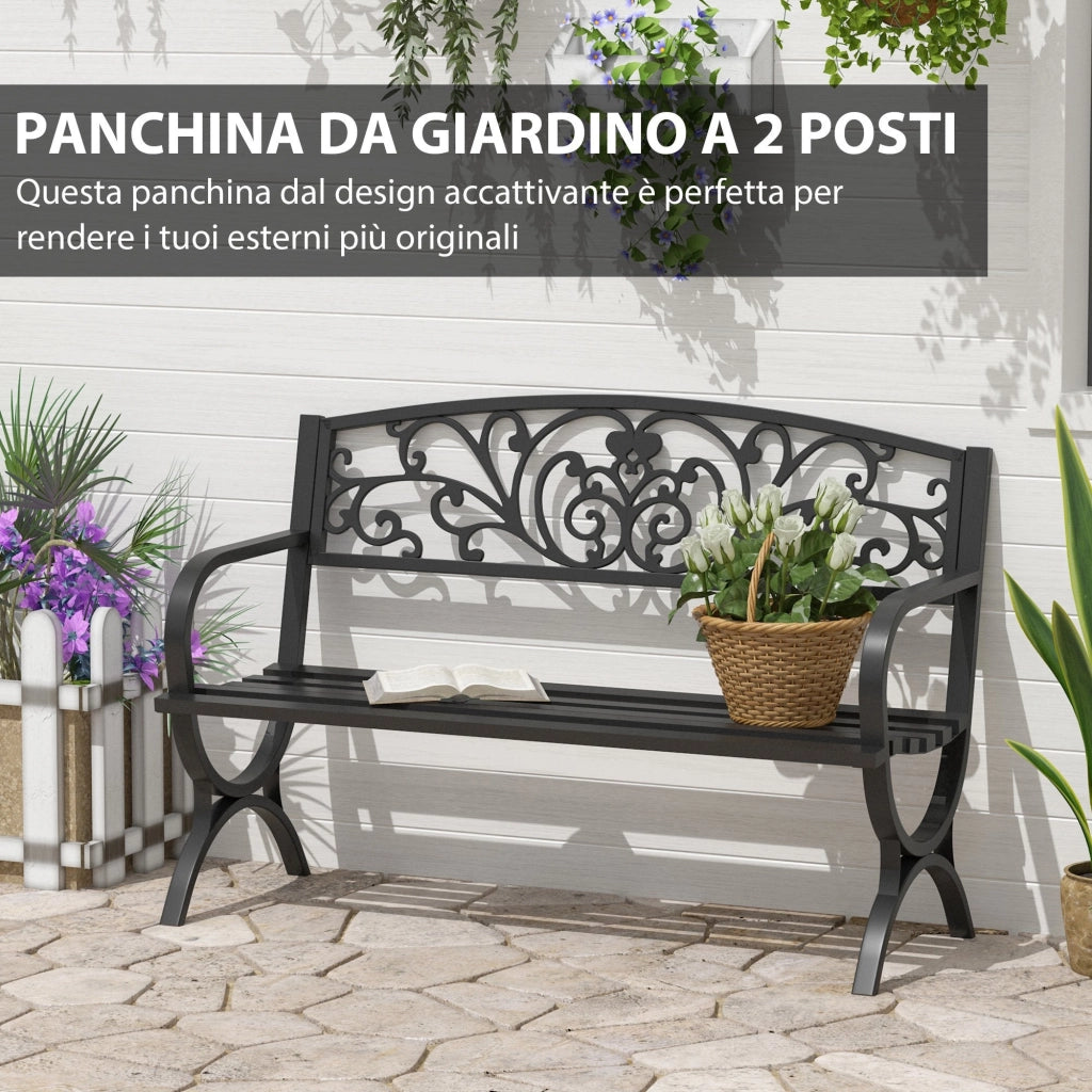 Panchina da Giardino 2 Posti in Ghisa Lavorata Nero 127x60x85 cm