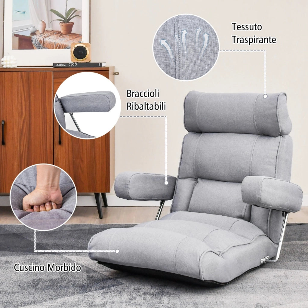 Divano da terra regolabile a 6 posizioni pieghevole, Sedia ergonomica da pavimento con schienale regolabile Grigio