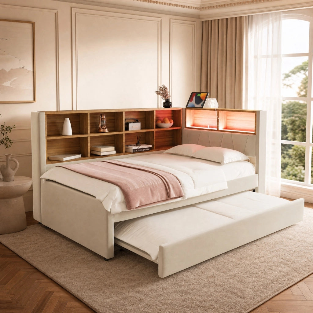 Divano letto multifunzionale con LED; prese e contenitore 90x200 cm; beige