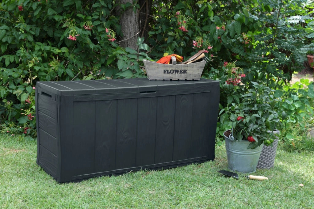 Cassapanca outdoor Airdrie, Baule da giardino, Contenitore da esterno, Panchina contenitore da esterno, 117x45 h58 cm, Marrone