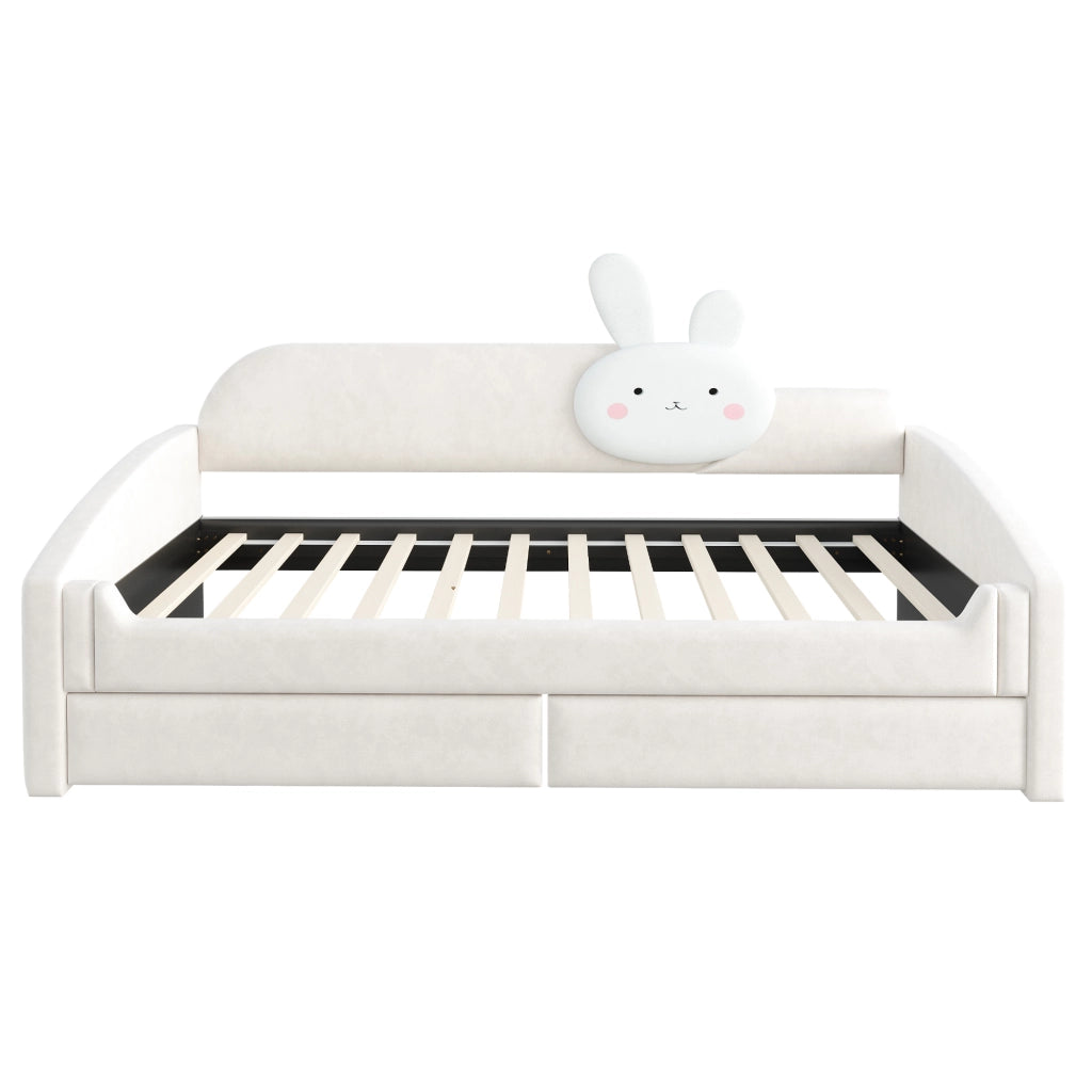 DESMIU Letto bambino 90 × 200 cm con LED, 2 cassetti, senza materasso, in velluto, beige