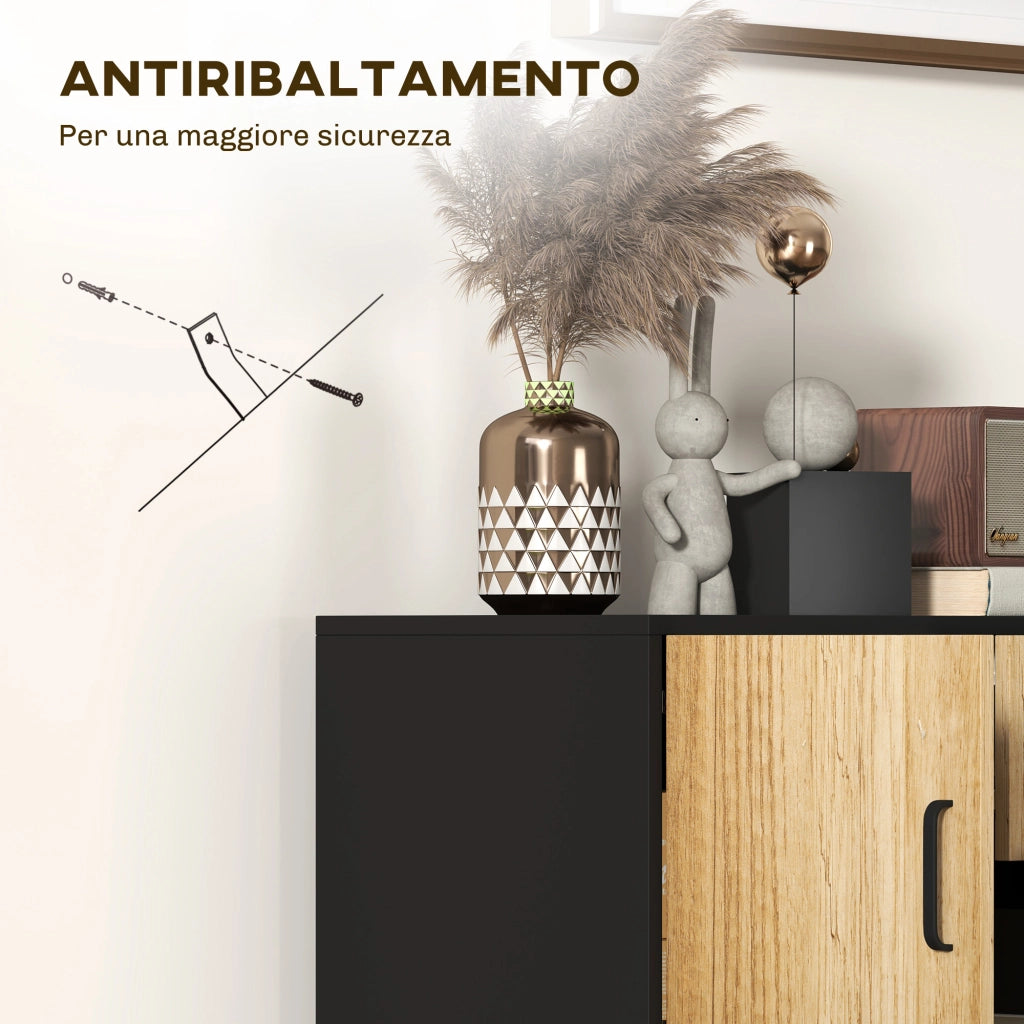 Credenza Moderna Portaoggetti con 3 Armadietti e 2 Cassetti, Mobiletto Multiuso in Truciolato e Acciaio, 80x35x85 cm, Nero e Color Legno