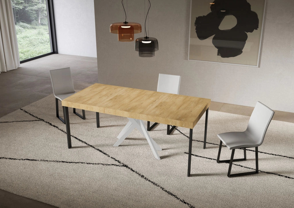 Consolle Allungabile 90-300x40x77 cm Saki Premium Quercia Natura Gambe Bianche