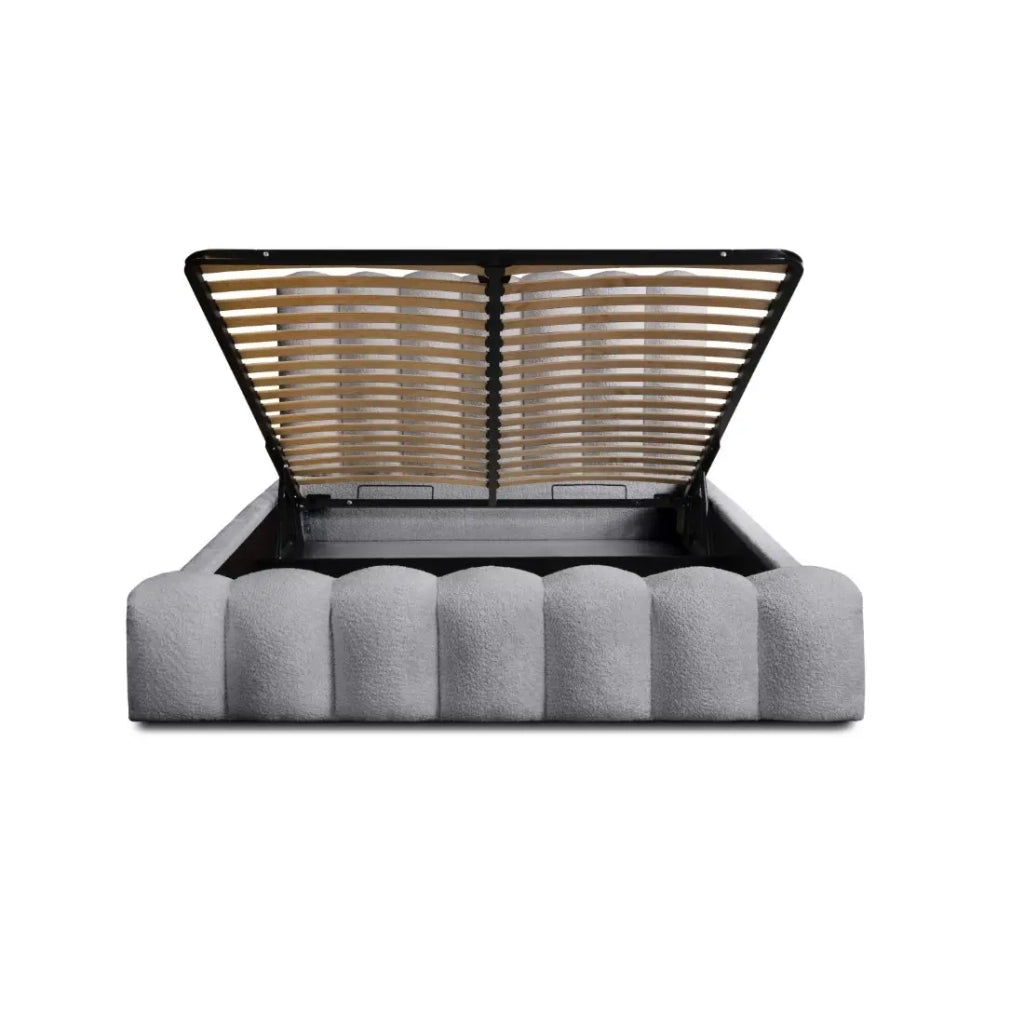 Letto contenitore BADJA – Tessuto bouclé Perla d'alba – 160x200 cm – Rete sollevabile – Design di alta gamma