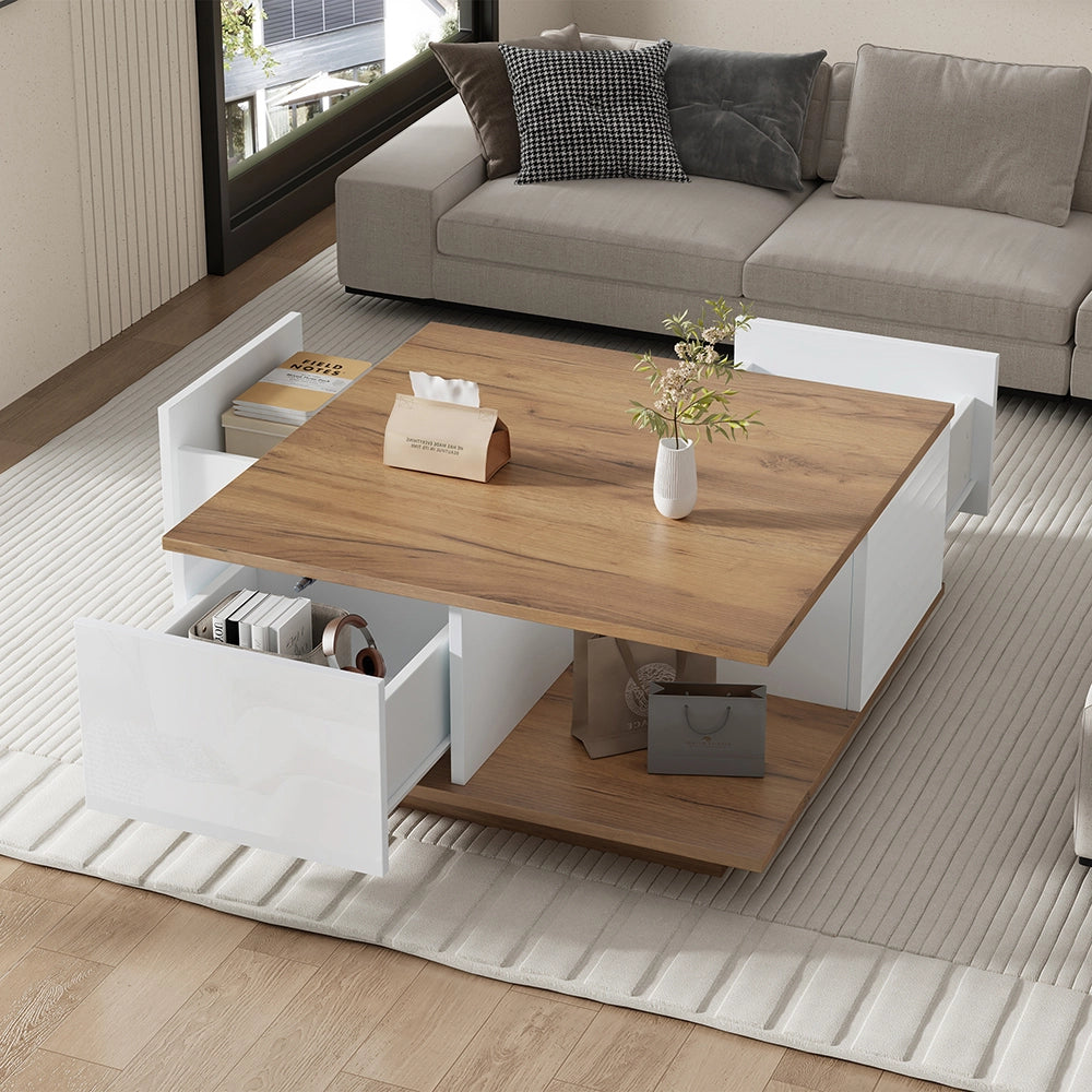 Tavolino geometrico - Xylo - 70x70cm 3 cassetti bianco/legno
