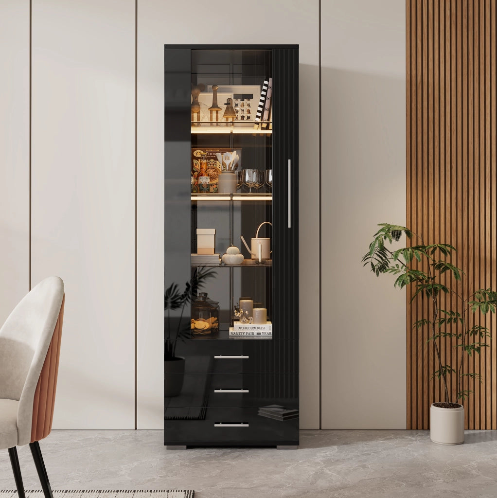 Vetrina espositiva in MDF con LED controllabile via app; 3 cassetti; 60 x 35 x 180 cm; nera