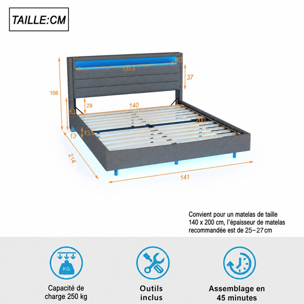 DESMIU Letto matrimoniale 140 × 200 cm 2 posti con USB, LED regolabile e testiera reversibile, senza materasso, grigio