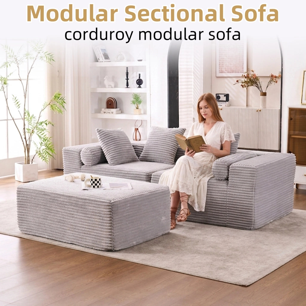 Divano angolare modulare senza attrezzi con chaise longue e seduta oversize per salotto in tessuto chenille grigio
