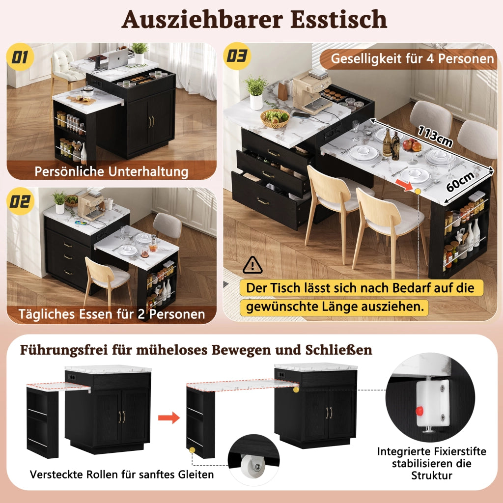 Tavolo allungabile con LED e presa usb tipo c, cassetti e ripiani aperti, per cucina e sala da pranzo, in MDF, nero