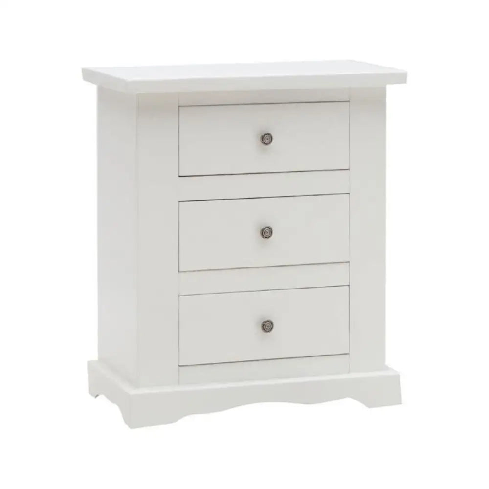 Comodino 3 cassetti arte povera in legno massello e mdf con rifinitura in bianco 60x35x70 H