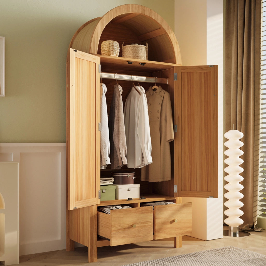 Armadio guardaroba 181x78x45 cm in MDF e metallo; colore eucalipto; con 2 cassetti e asta appendiabiti