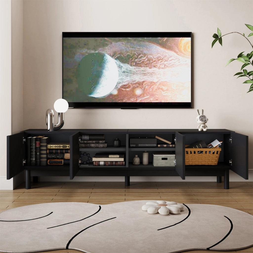 Mobile basso, mobile TV con ante curve a forma di onda, ripiani e supporto TV con gambe stabilizzatrici.