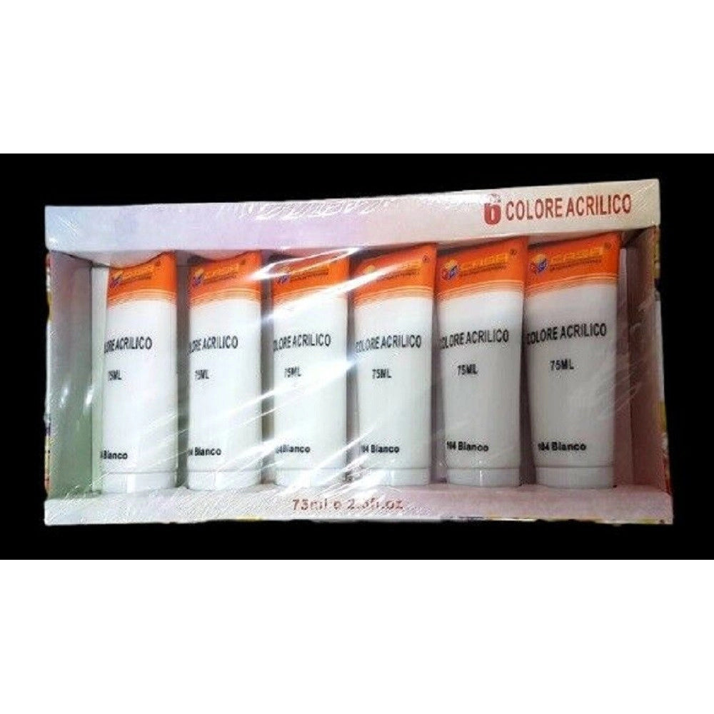 Trade Shop - Set 6 Pezzi Pittura Acrilica Vernice Confezione Colore Bianco Tubo 75 Ml 07485 -
