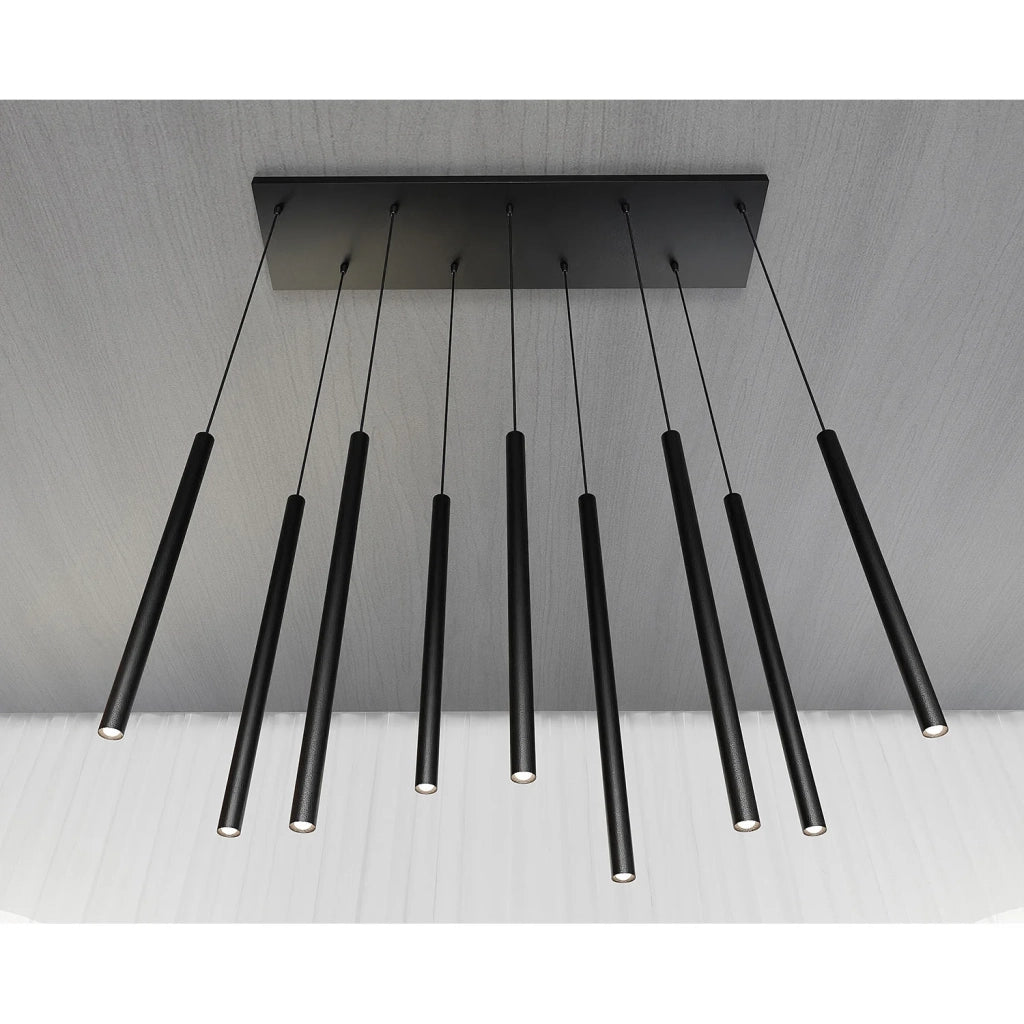 Lampadario 9 Luci Moderno Shu Acciaio Nero E Paralumi A Cilindri Sottili