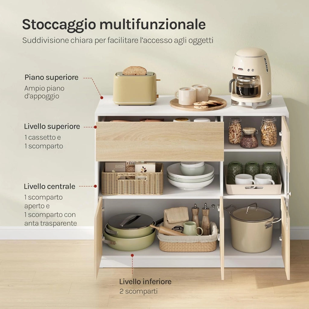 Credenza Cucina con Cassetto e Scomparti Aperto e Chiusi, Mobile Buffet con 1 Anta Trasparente, per Soggiorno, Cucina, in Legno, 100x40x80 cm, Rovere Chiaro+Bianco