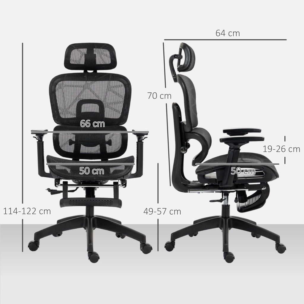 Sedia da ufficio ergonomica girevole con braccioli regolabili, poggiatesta, supporto lombare e poggiapiedi in rete nera
