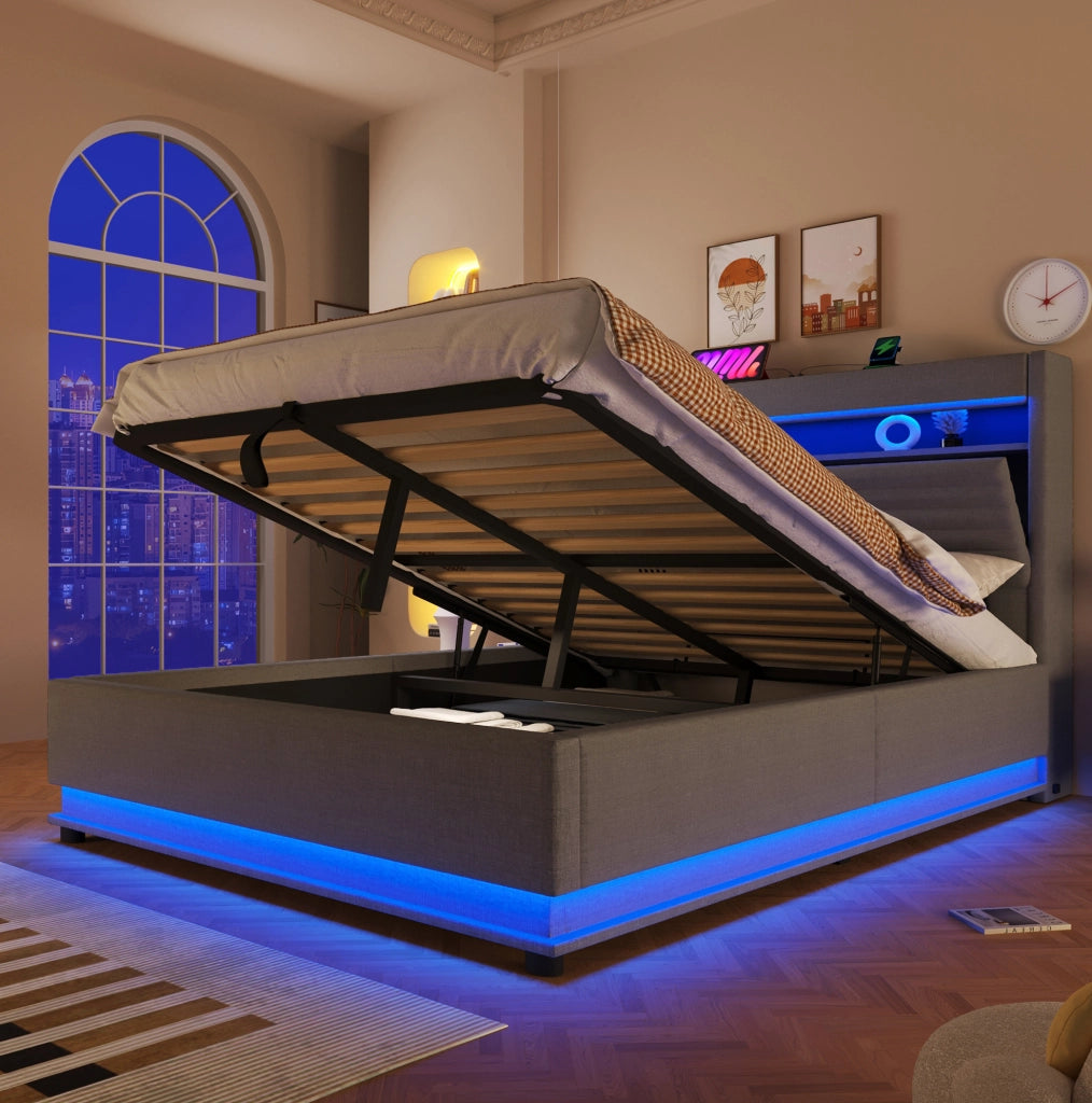 Letto imbottito ULEVR 140x200 cm con contenitore idraulico, LED, USB e Type-C, lino grigio