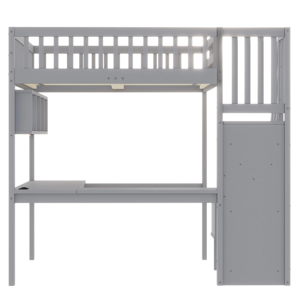 Letto a soppalco 140x200 cm con scala contenitore; scrivania; USB e LED; legno massello grigio