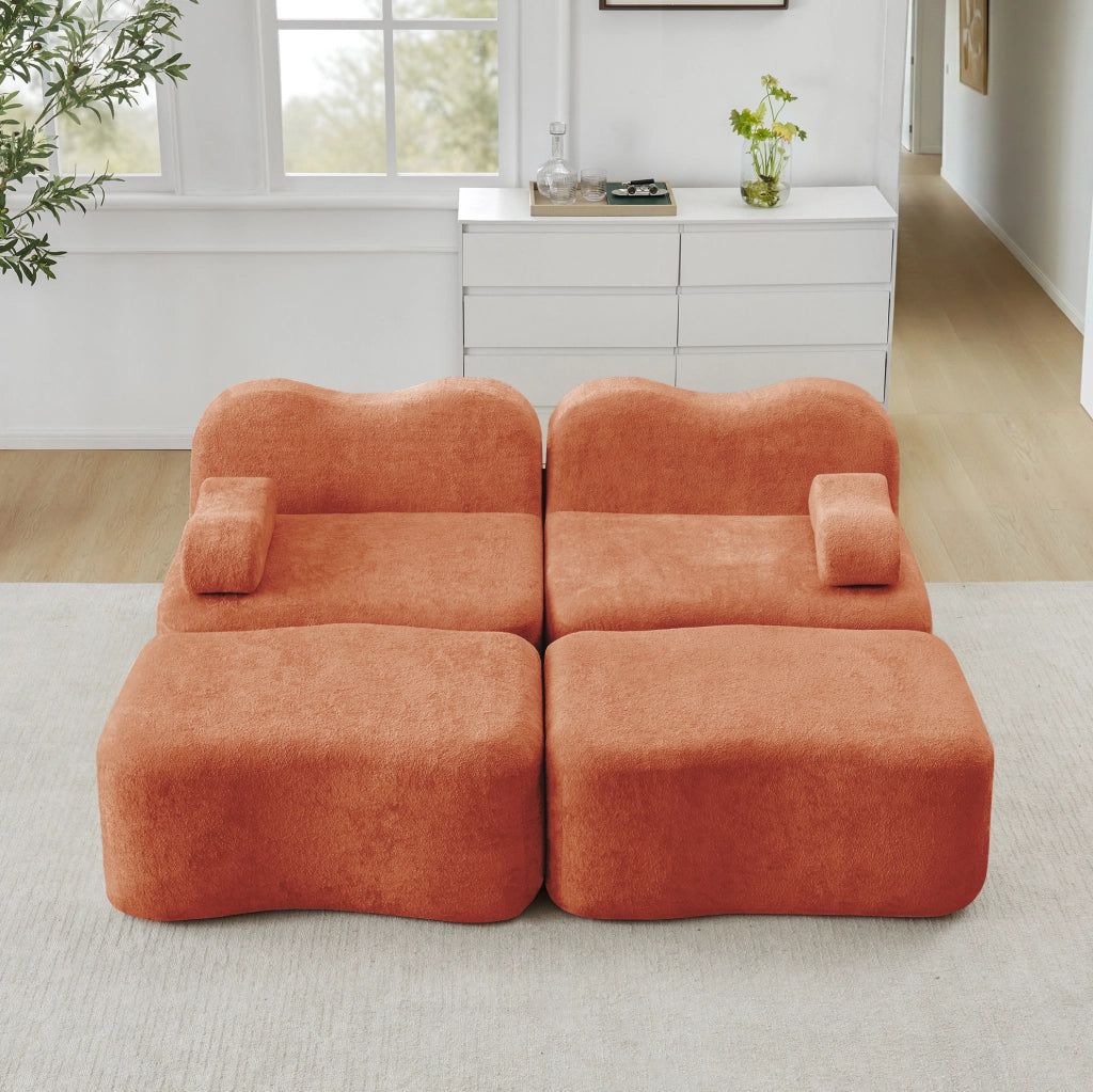 Divano modulare angolare in velluto arancione 192x167x70 cm con pouf componibili