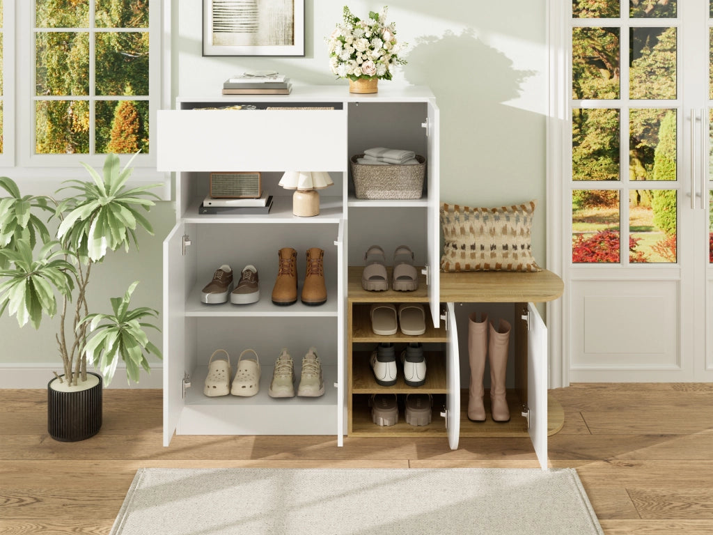 Mobile scarpiera con panca, 1 cassetto, 5 ante e vano aperto, per ingresso, in MDF, bianco, 130 × 35 × 110,5 cm