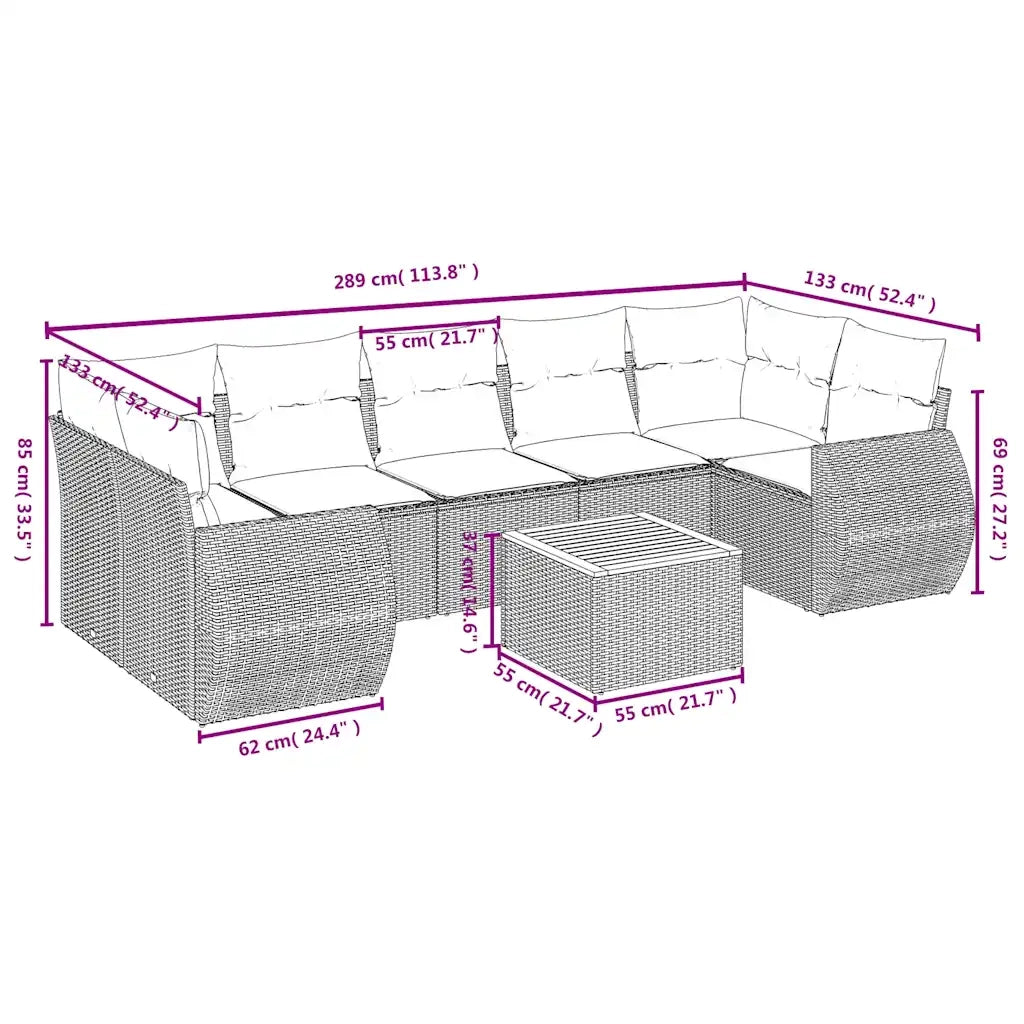 Set Divani da Giardino 8 pz con Cuscini Nero in Polyrattan 3224916