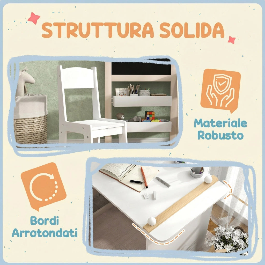 Set Tavolo e Sedia per Bambini 3-8 Anni con Lavagna Nera, Lavagna Bianca, Contenitori e Rotolo di Carta, Bianco