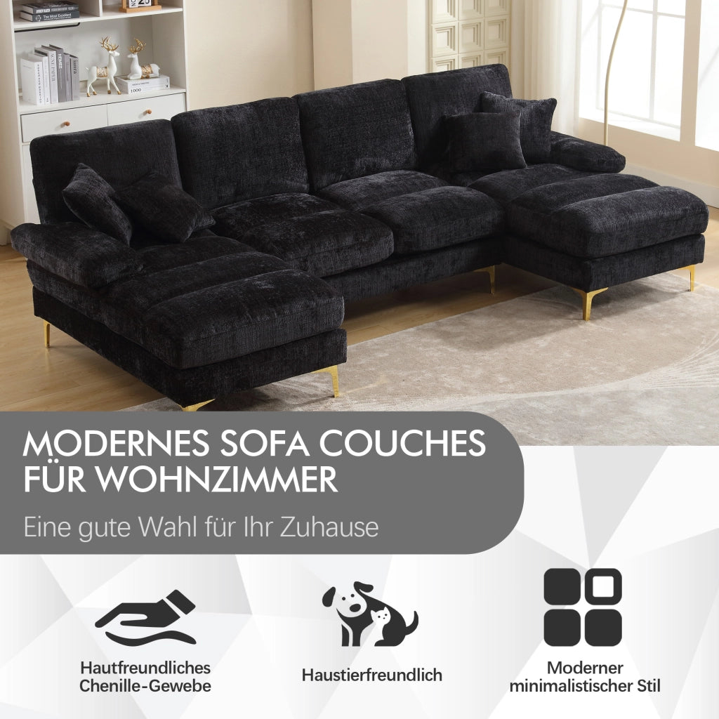 OKWISH Divano Panoramico a U, con 2 Chaise Longue, 4 Cuscini Schienale e 2 Cuscini, Ciniglia, Nero