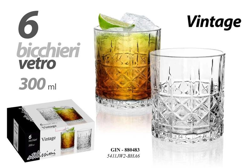 SET 6 BICCHIERI VETRO STILE VINTAGE PER LIQUORE E COCKTAIL 300 ML 8X9H CM
